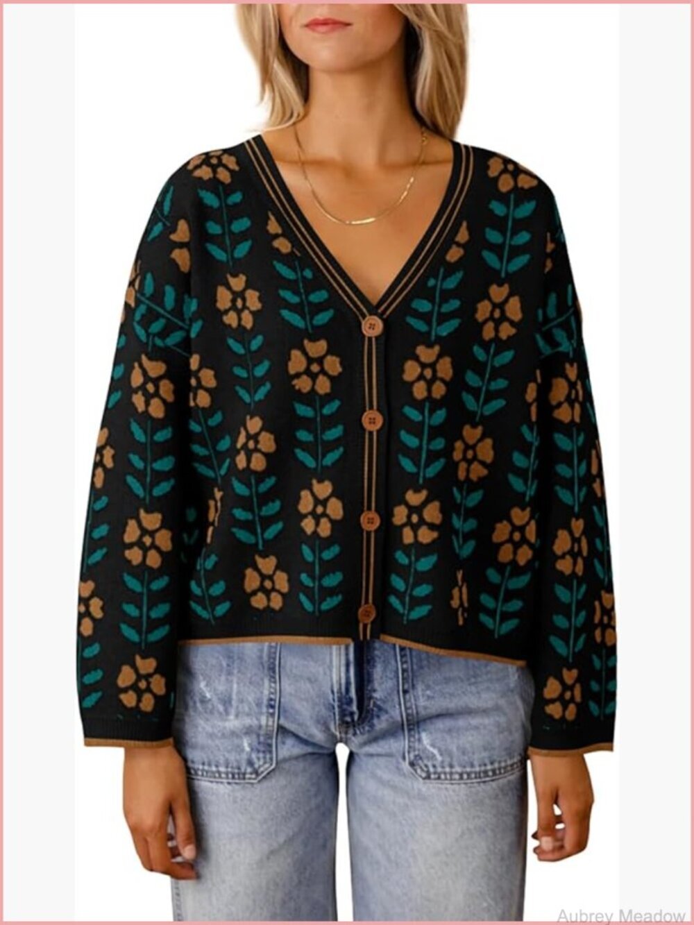 Floral Print V Neck Cardigan Open Front Button Down Knit Sweater